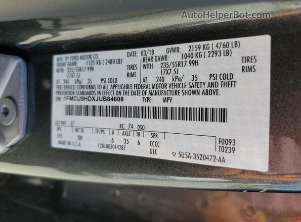 1FMCU9HDXJUB84608 2018 FORD ESCAPE Charcoal 