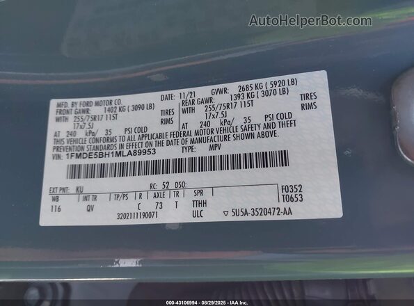 1FMDE5BH1MLA89953 2021 FORD BRONCO Blue Вид підкапотного простору