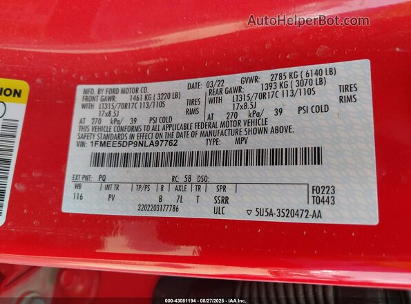 1FMEE5DP9NLA97762 2022 FORD BRONCO Red 