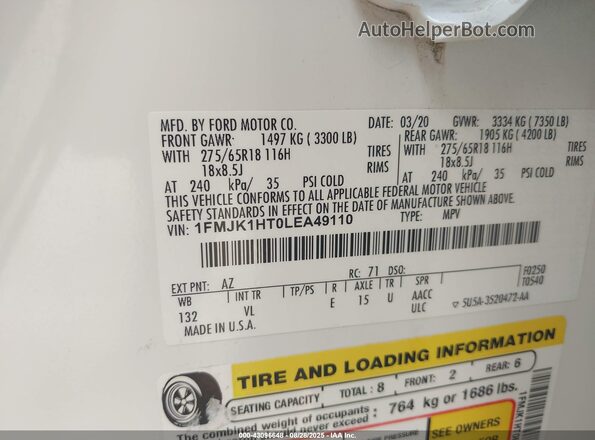 1FMJK1HT0LEA49110 2020 FORD EXPEDITION White Engine compartment view