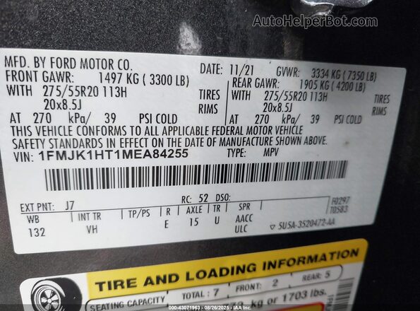 1FMJK1HT1MEA84255 2021 FORD EXPEDITION Gray Widok komory silnika