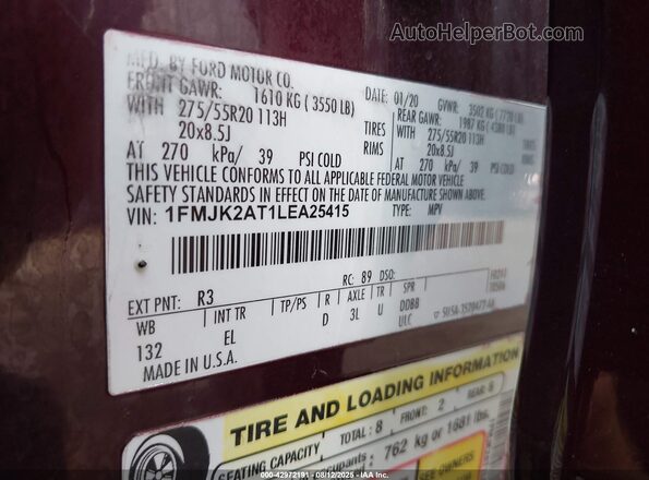 1FMJK2AT1LEA25415 2020 FORD EXPEDITION Maroon Engine compartment view