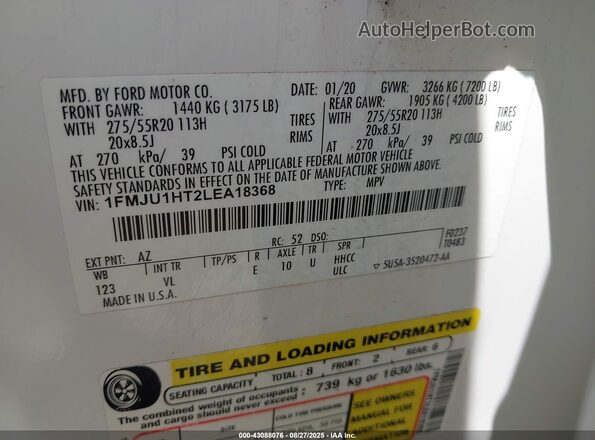 1FMJU1HT2LEA18368 2020 FORD EXPEDITION White Widok komory silnika