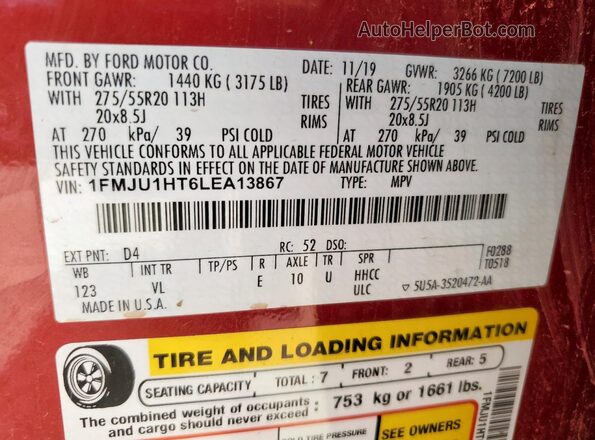 1FMJU1HT6LEA13867 2020 FORD EXPEDITION Maroon VIN կոդի պիտակի տեսք