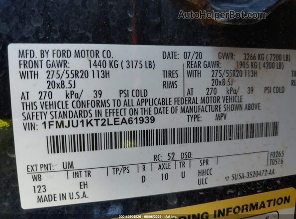 1FMJU1KT2LEA61939 2020 FORD EXPEDITION Black ძრავის განყოფილების ხედი