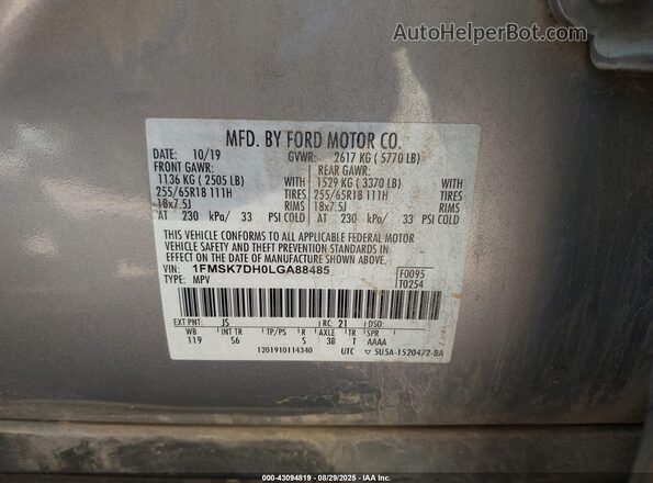 1FMSK7DH0LGA88485 2020 FORD FORD EXPLORER Silver Вид підкапотного простору