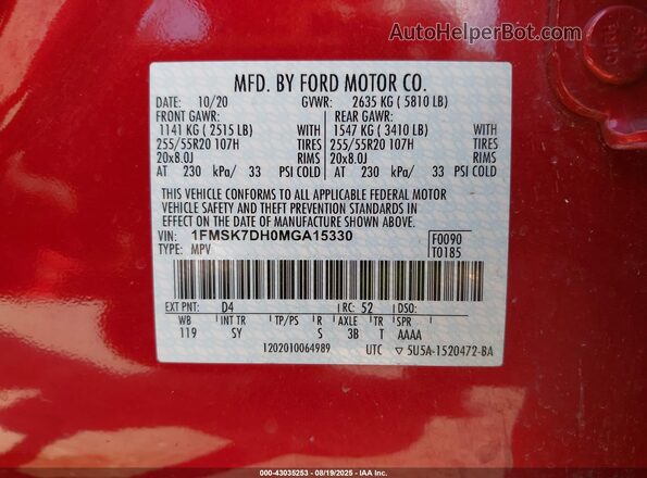 1FMSK7DH0MGA15330 2021 FORD FORD EXPLORER Red 