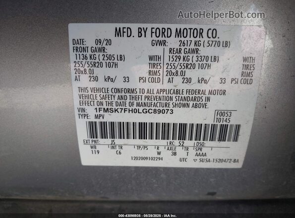 1FMSK7FH0LGC89073 2020 FORD FORD EXPLORER Silver Вид підкапотного простору