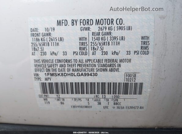 1FMSK8DH0LGA99430 2020 FORD FORD EXPLORER White ძრავის განყოფილების ხედი