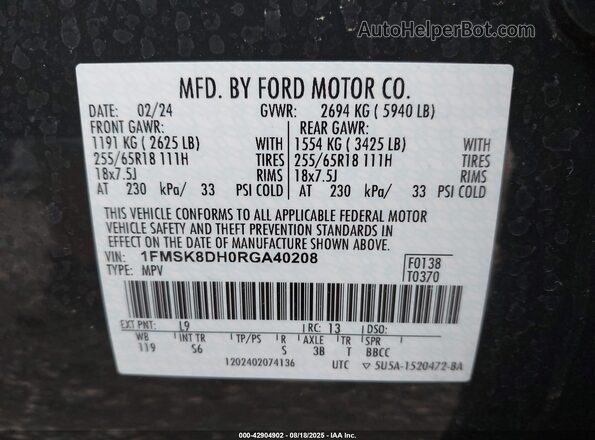 1FMSK8DH0RGA40208 2024 FORD FORD EXPLORER Gray 