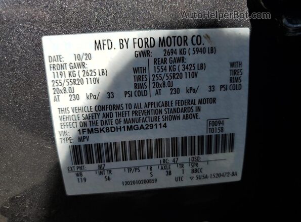 1FMSK8DH1MGA29114 2021 FORD FORD EXPLORER Gray Вид наклейки з VIN-кодом