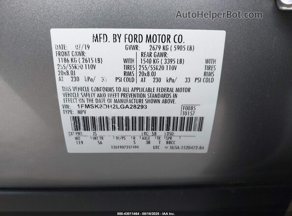 1FMSK8DH2LGA28293 2020 FORD FORD EXPLORER Silver Engine compartment view