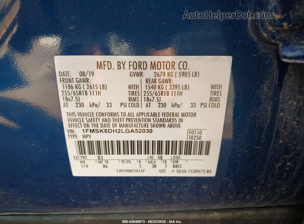 1FMSK8DH2LGA52030 2020 FORD FORD EXPLORER Blue Vista del compartimento del motor
