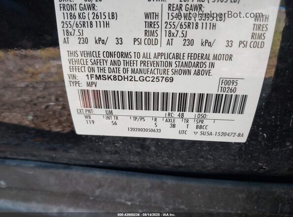 1FMSK8DH2LGC25769 2020 FORD FORD EXPLORER Black Вид підкапотного простору