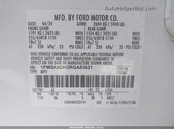 1FMSK8DH3RGA83621 2024 FORD FORD EXPLORER White 