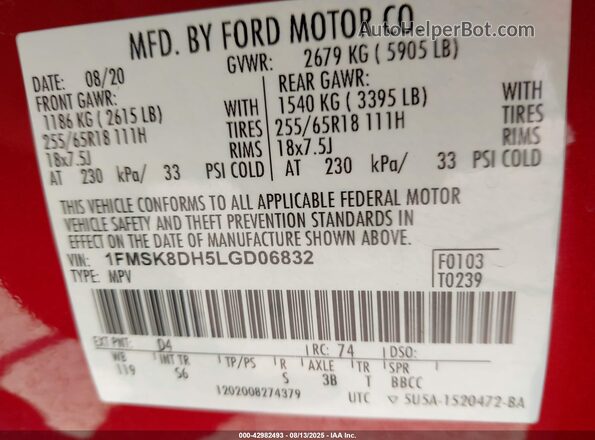 1FMSK8DH5LGD06832 2020 FORD FORD EXPLORER Бордовый Вид подкапотного пространства