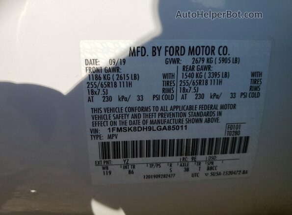 1FMSK8DH9LGA85011 2020 FORD FORD EXPLORER White Vista interior de 360 grados