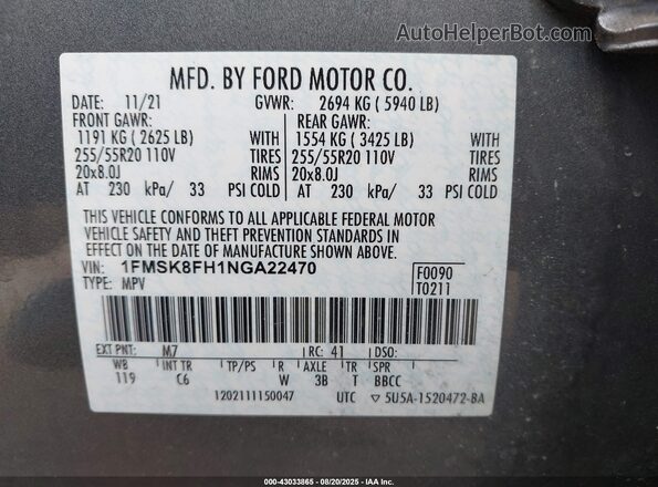 1FMSK8FH1NGA22470 2022 FORD FORD EXPLORER Gray 