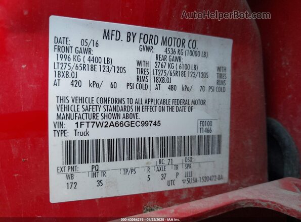 1FT7W2A66GEC99745 2016 FORD F250 Red Вид підкапотного простору