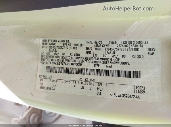 1FT7W2BN7LED61539 2020 FORD F-250 White Vista del compartimento del motor