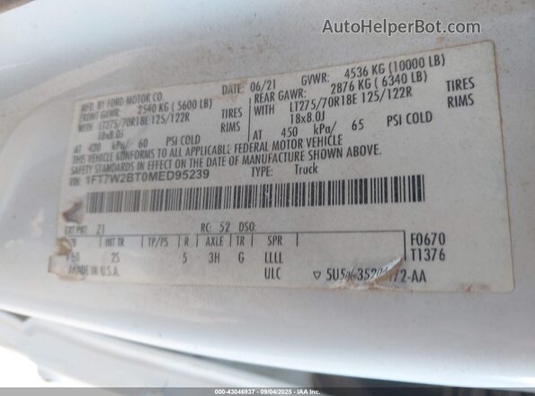 1FT7W2BT0MED95239 2021 FORD F-250 White Շարժիչի բաժամունքի տեսք