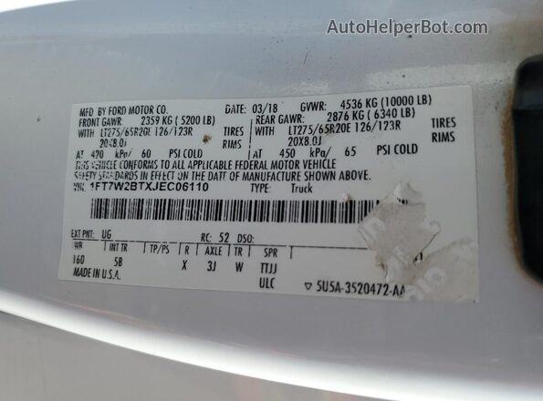 1FT7W2BTXJEC06110 2018 FORD F250 Белый 