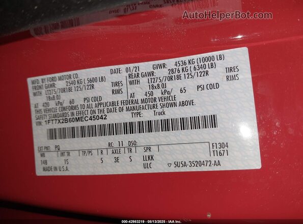 1FT7X2B60MEC45042 2021 FORD F-250 Red Vista del compartimento del motor