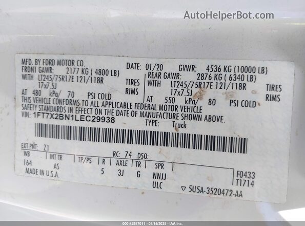 1FT7X2BN1LEC29938 2020 FORD F-250 White Engine compartment view