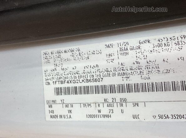 1FTBF4XG2LKB65607 2020 FORD TRANSIT White Widok naklejki z numerem VIN