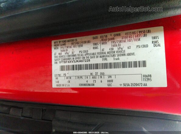 1FTBF4XV3JKA67228 2018 FORD TRANSIT-350 Red 