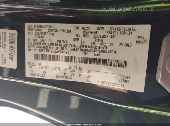 1FTER1EH2LLA24626 2020 FORD RANG Black Շարժիչի բաժամունքի տեսք
