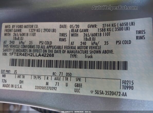 1FTER4EH2LLA42268 2020 FORD RANG Silver Вид підкапотного простору