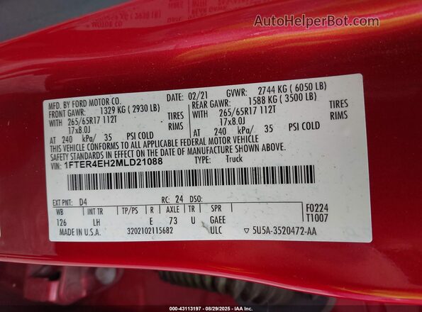 1FTER4EH2MLD21088 2021 FORD RANG Red Vista del compartimento del motor