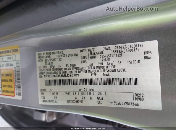 1FTER4EH3MLD20709 2021 FORD RANG Silver 