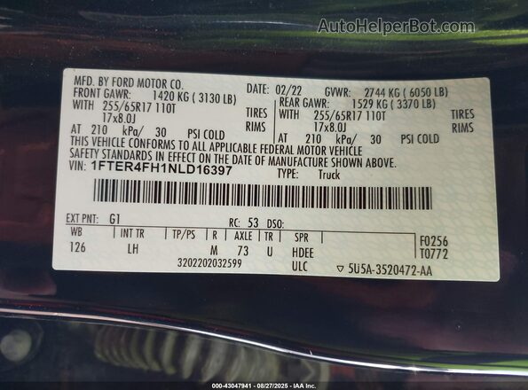 1FTER4FH1NLD16397 2022 FORD RANG Black Vista del compartimento del motor