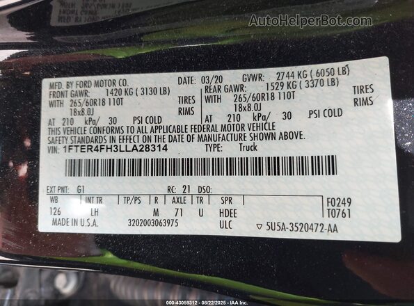 1FTER4FH3LLA28314 2020 FORD RANG Black Շարժիչի բաժամունքի տեսք
