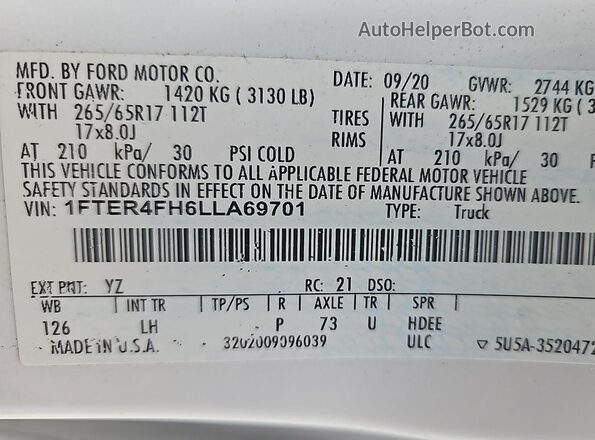 1FTER4FH6LLA69701 2020 FORD RANG  