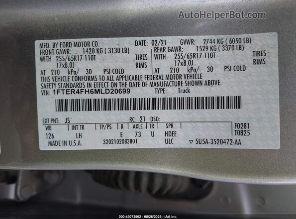 1FTER4FH6MLD20699 2021 FORD RANG Silver Vista del compartimento del motor