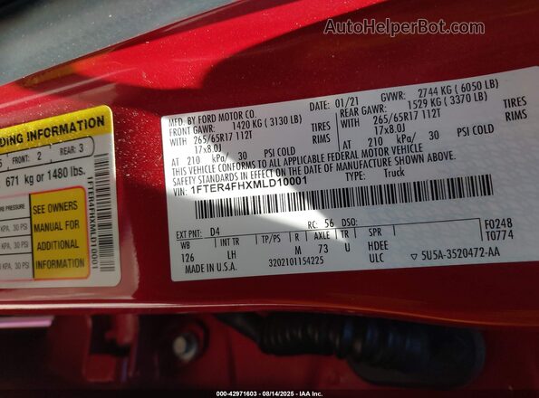 1FTER4FHXMLD10001 2021 FORD RANG Red Engine compartment view