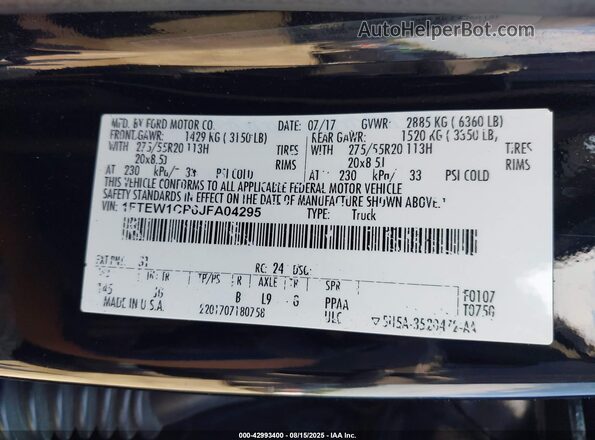 1FTEW1CP6JFA04295 2018 FORD F150 Black 