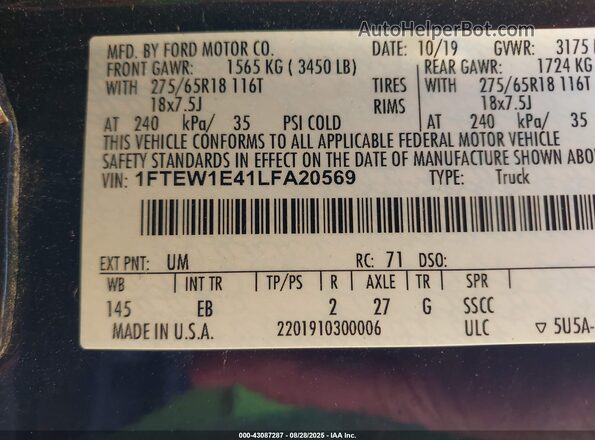 1FTEW1E41LFA20569 2020 FORD F150 Черный Вид подкапотного пространства