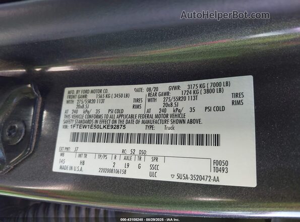 1FTEW1E50LKE92875 2020 FORD F150 Серый Вид подкапотного пространства