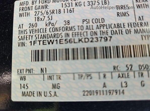 1FTEW1E56LKD23797 2020 FORD F150  Вид наклейки с VIN-кодом