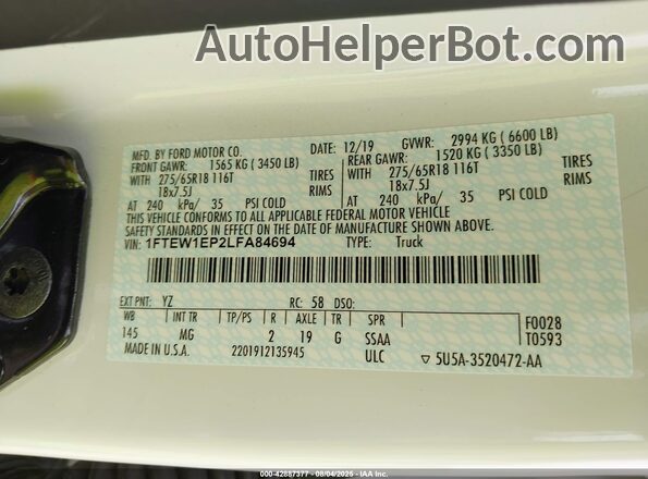 1FTEW1EP2LFA84694 2020 FORD F150 Белый Вид подкапотного пространства