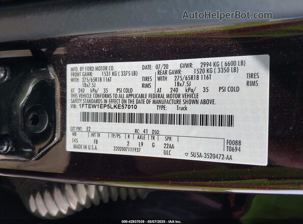 1FTEW1EP5LKE57010 2020 FORD F150 Burgundy Շարժիչի բաժամունքի տեսք