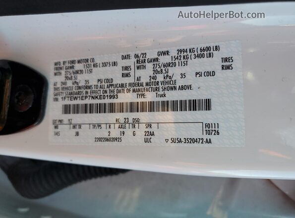 1FTEW1EP7NKE01993 2022 FORD F150 Белый Вид подкапотного пространства