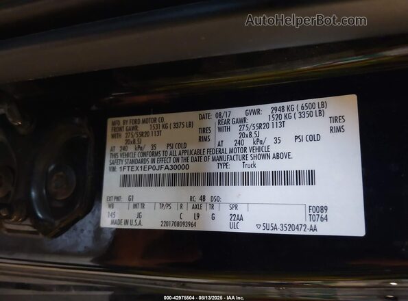 1FTEX1EP0JFA30000 2018 FORD F150 Black Շարժիչի բաժամունքի տեսք