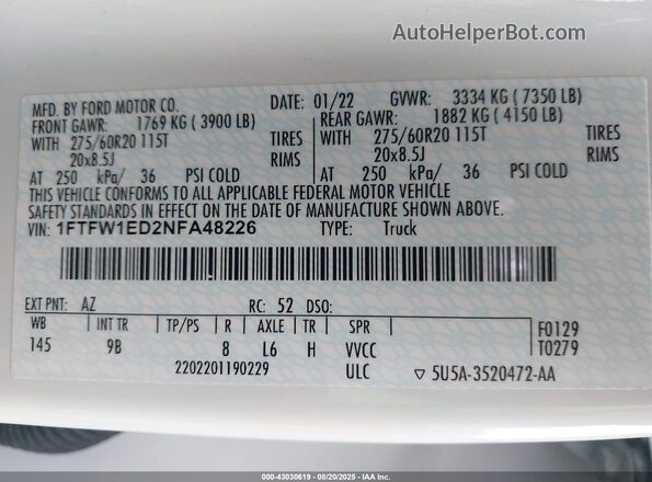 1FTFW1ED2NFA48226 2022 FORD F150 White 