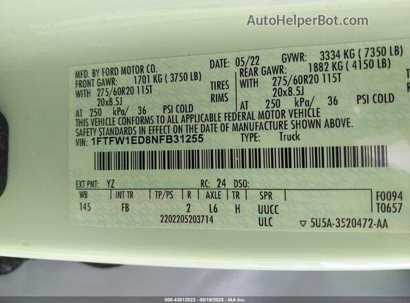 1FTFW1ED8NFB31255 2022 FORD F150 White Widok komory silnika