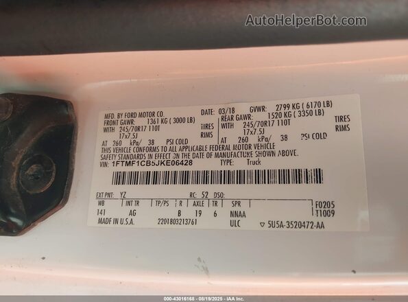 1FTMF1CB5JKE06428 2018 FORD F150 White 